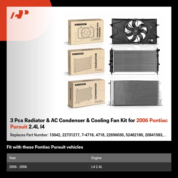 3 Pcs Radiator & AC Condenser & Cooling Fan Kit for 2006 Pontiac Pursuit 2.4L l4