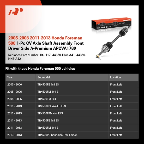 2005-2006 2011-2013 Honda Foreman 500 1-Pc CV Axle Shaft Assembly Front Driver Side A-Premium APCVA1789