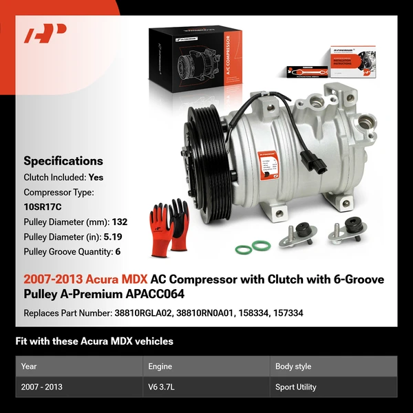 2007-2013 Acura MDX AC Compressor with Clutch with 6-Groove Pulley A-Premium APACC064