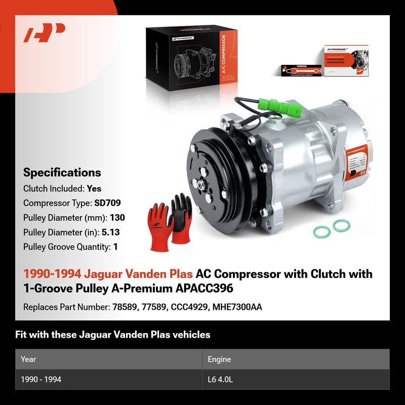 1990-1994 Jaguar Vanden Plas AC Compressor with Clutch with 1-Groove Pulley A-Premium APACC396