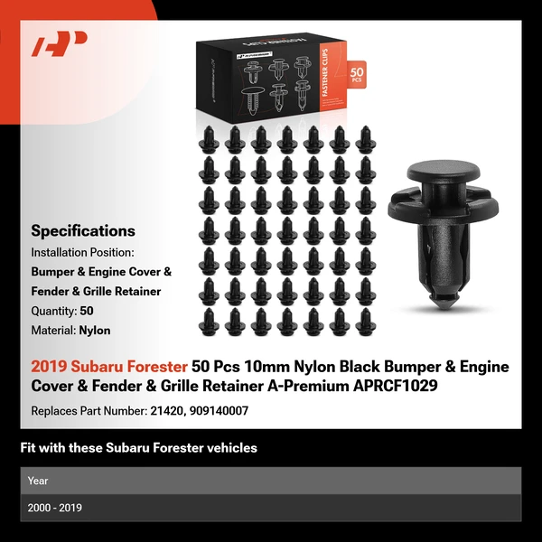 2019 Subaru Forester 50 Pcs 10mm Nylon Black Bumper & Engine Cover & Fender & Grille Retainer A-Premium APRCF1029