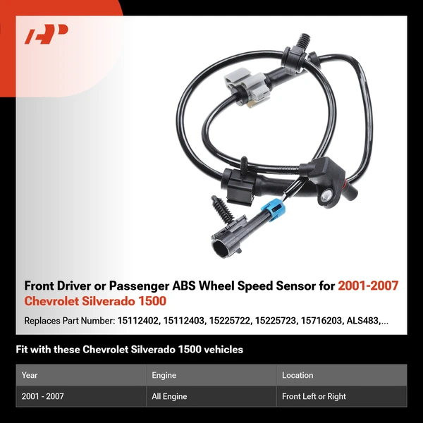 Front Driver or Passenger ABS Wheel Speed Sensor for 2001-2007 Chevrolet Silverado 1500