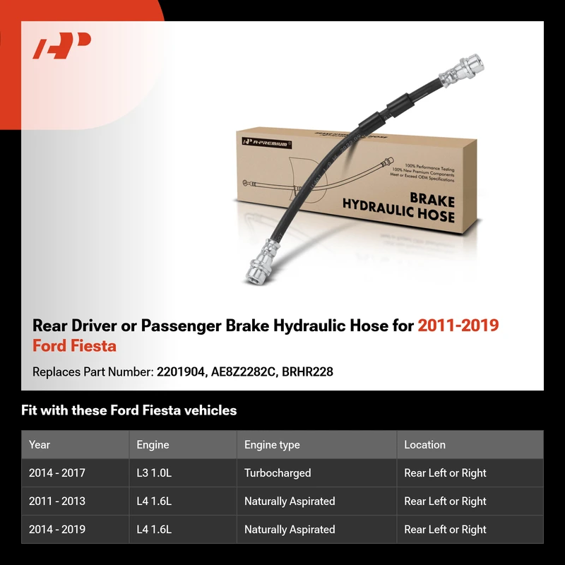 Rear Driver or Passenger Brake Hydraulic Hose for 2011-2019 Ford Fiesta