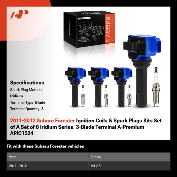 2011-2012 Subaru Forester Ignition Coils & Spark Plugs Kits Set of A Set of 8 Iridium Series, 3-Blade Terminal A-Premium APIC1524