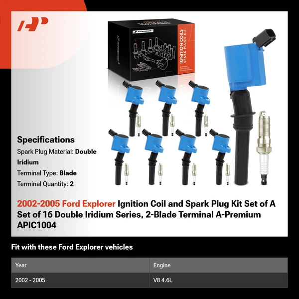 2002-2005 Ford Explorer Ignition Coil and Spark Plug Kit Set of A Set of 16 Double Iridium Series, 2-Blade Terminal A-Premium APIC1004