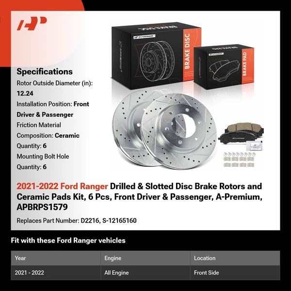 2021-2022 Ford Ranger Drilled & Slotted Disc Brake Rotors and Ceramic Pads Kit, 6 Pcs, Front Driver & Passenger, A-Premium, APBRPS1579