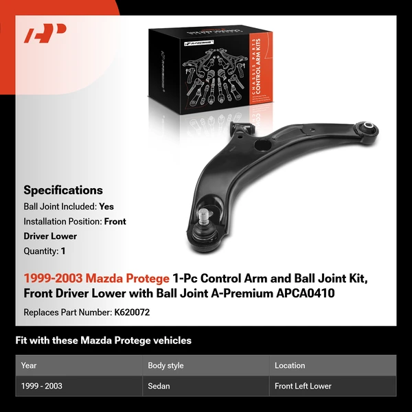 1999-2003 Mazda Protege 1-Pc Control Arm and Ball Joint Kit, Front Driver Lower with Ball Joint A-Premium APCA0410