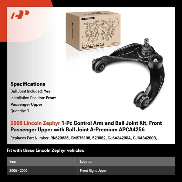 2006 Lincoln Zephyr 1-Pc Control Arm and Ball Joint Kit, Front Passenger Upper with Ball Joint A-Premium APCA4256