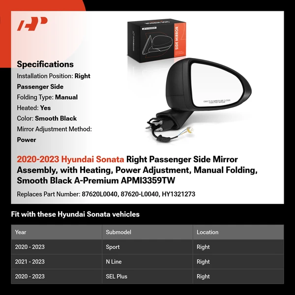 2020-2023 Hyundai Sonata Right Passenger Side Mirror Assembly, with Heating, Power Adjustment, Manual Folding, Smooth Black A-Premium APMI3359TW