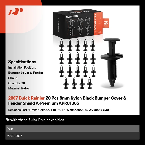 2007 Buick Rainier 20 Pcs 8mm Nylon Black Bumper Cover & Fender Shield A-Premium APRCF385