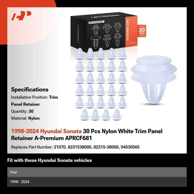1998-2024 Hyundai Sonata 30 Pcs Nylon White Trim Panel Retainer A-Premium APRCF681