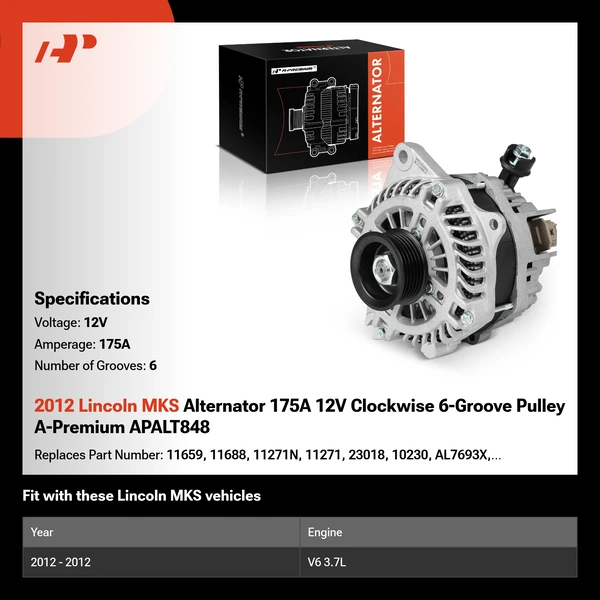 2012 Lincoln MKS Alternator 175A 12V Clockwise 6-Groove Pulley A-Premium APALT848