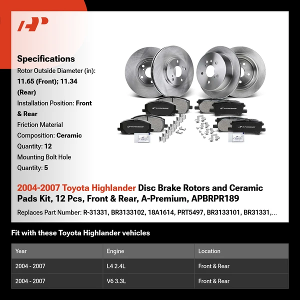 2004-2007 Toyota Highlander Disc Brake Rotors and Ceramic Pads Kit, 12 Pcs, Front & Rear, A-Premium, APBRPR189