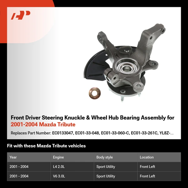 Front Driver Steering Knuckle & Wheel Hub Bearing Assembly for 2001-2004 Mazda Tribute
