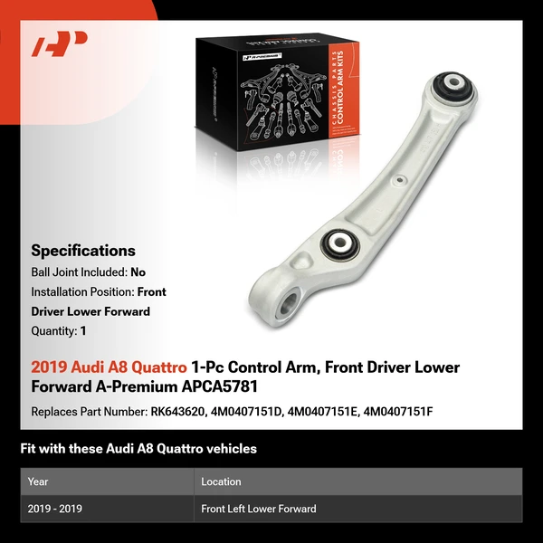2019 Audi A8 Quattro 1-Pc Control Arm, Front Driver Lower Forward A-Premium APCA5781