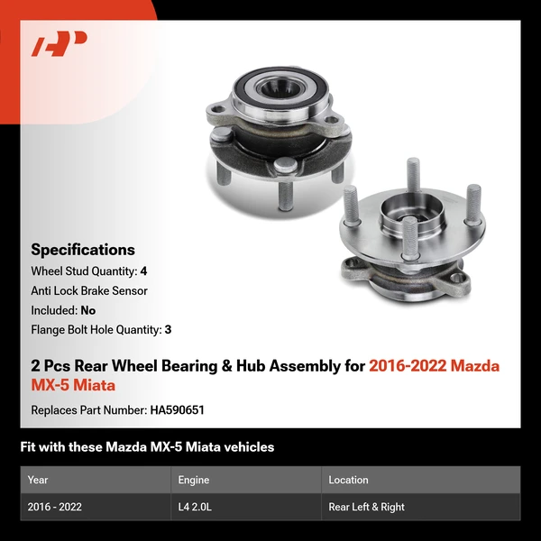 2 Pcs Rear Wheel Bearing & Hub Assembly for 2016-2022 Mazda MX-5 Miata