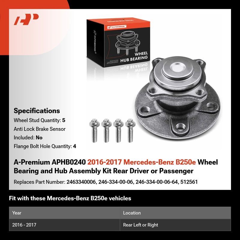 A-Premium APHB0240 2016-2017 Mercedes-Benz B250e Wheel Bearing and Hub Assembly Kit Rear Driver or Passenger