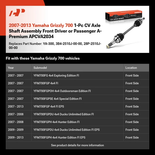 2007-2013 Yamaha Grizzly 700 1-Pc CV Axle Shaft Assembly Front Driver or Passenger A-Premium APCVA2034