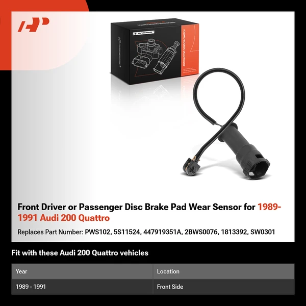 Front Driver or Passenger Disc Brake Pad Wear Sensor for 1989-1991 Audi 200 Quattro