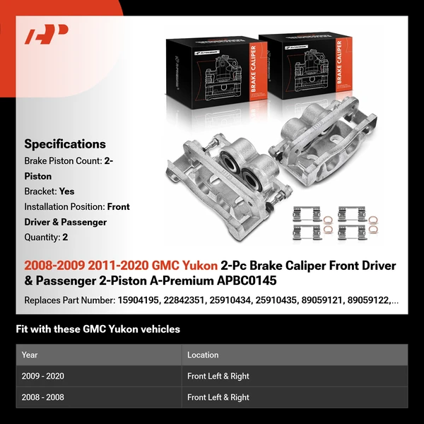 2008-2009 2011-2020 GMC Yukon 2-Pc Brake Caliper Front Driver & Passenger 2-Piston A-Premium APBC0145
