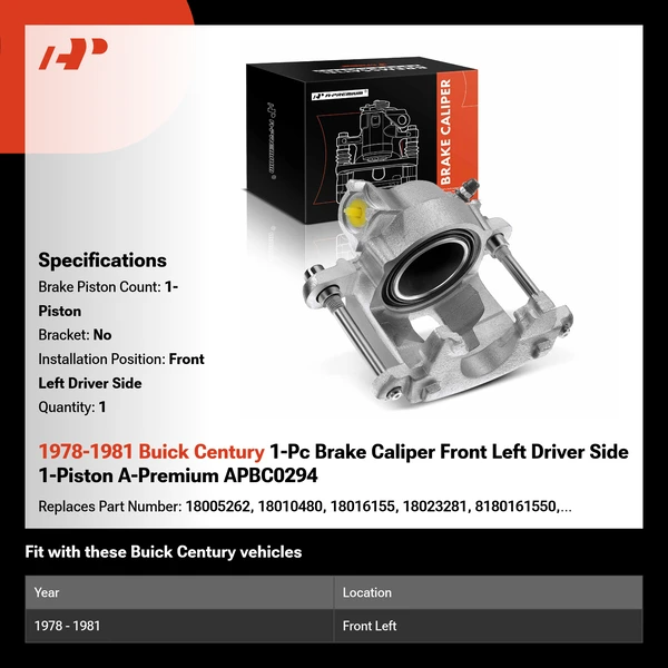 1978-1981 Buick Century 1-Pc Brake Caliper Front Left Driver Side 1-Piston A-Premium APBC0294