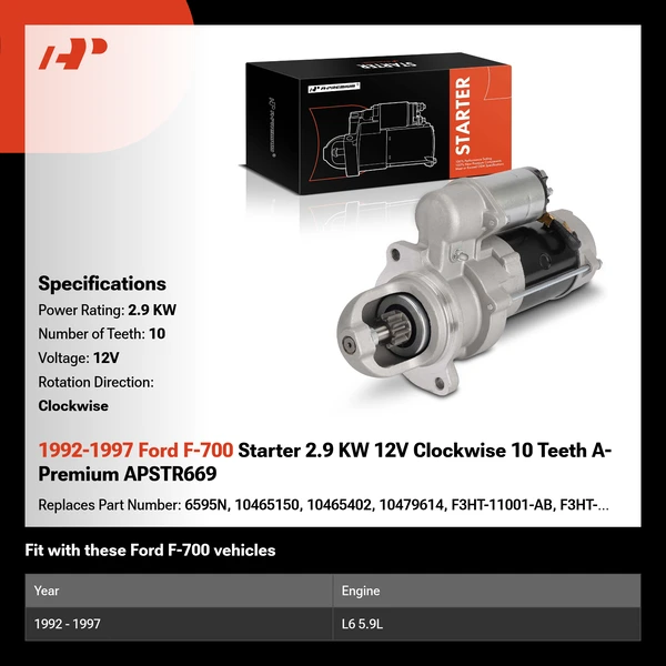 1992-1997 Ford F-700 Starter 2.9 KW 12V Clockwise 10 Teeth A-Premium APSTR669