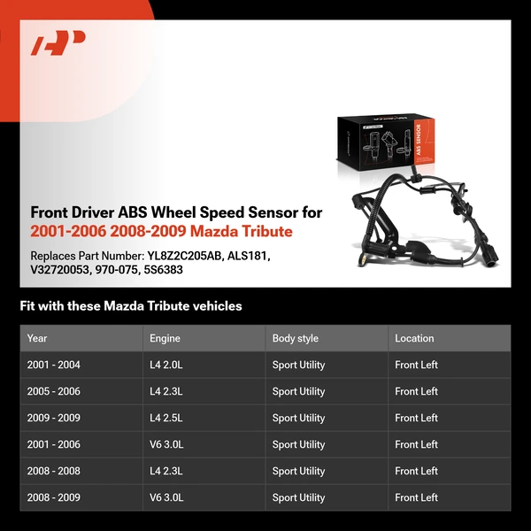 Front Driver ABS Wheel Speed Sensor for 2001-2006 2008-2009 Mazda Tribute