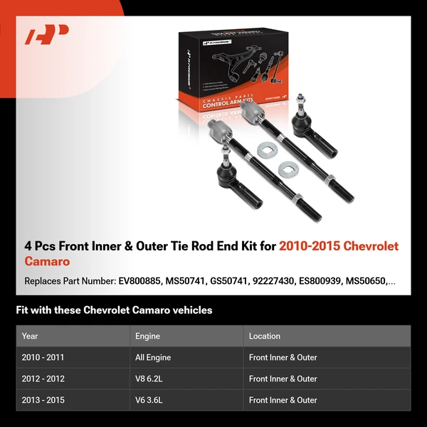 4 Pcs Front Inner & Outer Tie Rod End Kit for 2010-2015 Chevrolet Camaro
