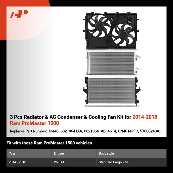 3 Pcs Radiator & AC Condenser & Cooling Fan Kit for 2014-2018 Ram ProMaster 1500