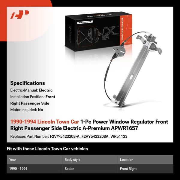 1990-1994 Lincoln Town Car 1-Pc Power Window Regulator Front Right Passenger Side Electric A-Premium APWR1657