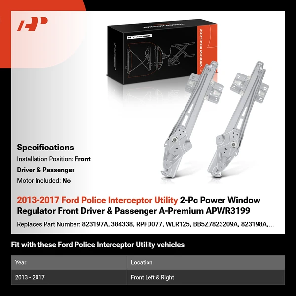 2013-2017 Ford Police Interceptor Utility 2-Pc Power Window Regulator Front Driver & Passenger A-Premium APWR3199