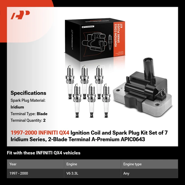 1997-2000 INFINITI QX4 Ignition Coil and Spark Plug Kit Set of 7 Iridium Series, 2-Blade Terminal A-Premium APIC0643