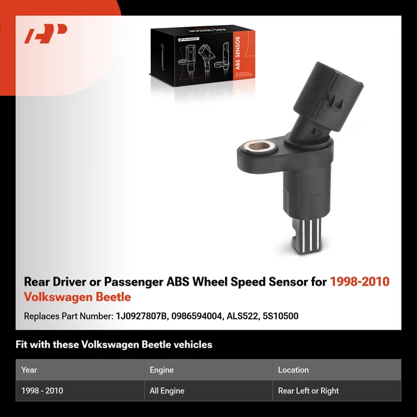 Rear Driver or Passenger ABS Wheel Speed Sensor for 1998-2010 Volkswagen Beetle