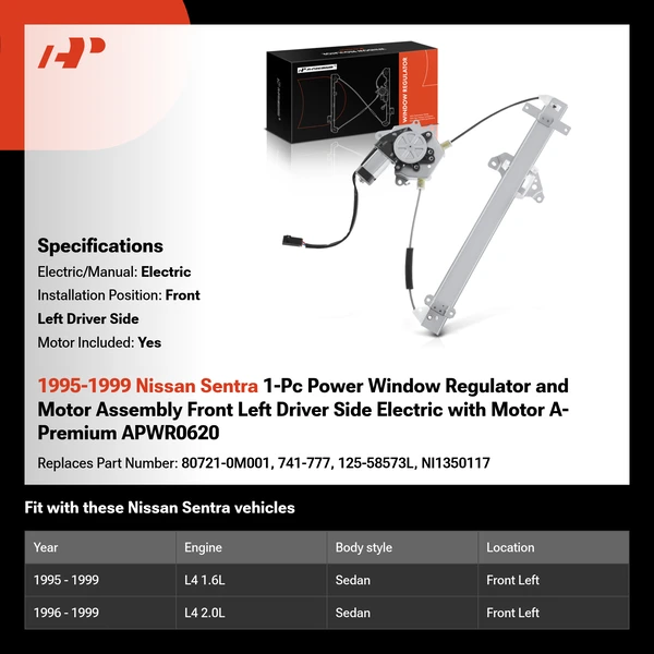 1995-1999 Nissan Sentra 1-Pc Power Window Regulator and Motor Assembly Front Left Driver Side Electric with Motor A-Premium APWR0620