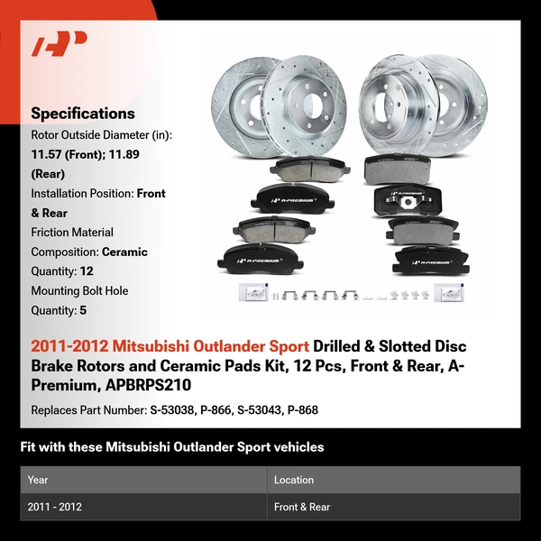 2011-2012 Mitsubishi Outlander Sport Drilled & Slotted Disc Brake Rotors and Ceramic Pads Kit, 12 Pcs, Front & Rear, A-Premium, APBRPS210