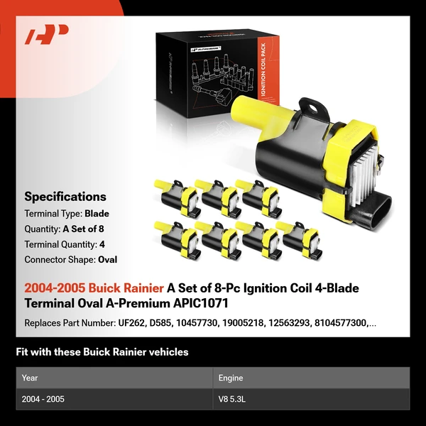 2004-2005 Buick Rainier A Set of 8-Pc Ignition Coil 4-Blade Terminal Oval A-Premium APIC1071