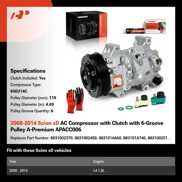 2008-2014 Scion xD AC Compressor with Clutch with 6-Groove Pulley A-Premium APACC006