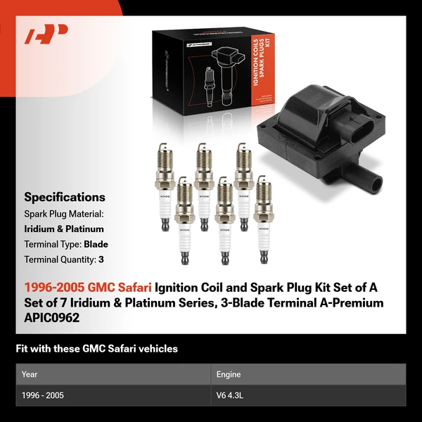 1996-2005 GMC Safari Ignition Coil and Spark Plug Kit Set of A Set of 7 Iridium & Platinum Series, 3-Blade Terminal A-Premium APIC0962
