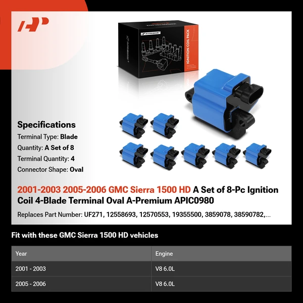 2001-2003 2005-2006 GMC Sierra 1500 HD A Set of 8-Pc Ignition Coil 4-Blade Terminal Oval A-Premium APIC0980