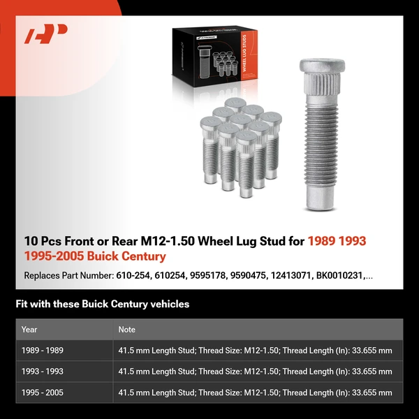 10 Pcs Front or Rear M12-1.50 Wheel Lug Stud for 1989 1993 1995-2005 Buick Century