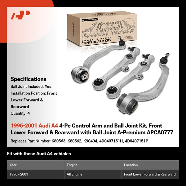 1996-2001 Audi A4 4-Pc Control Arm and Ball Joint Kit, Front Lower Forward & Rearward with Ball Joint A-Premium APCA0777