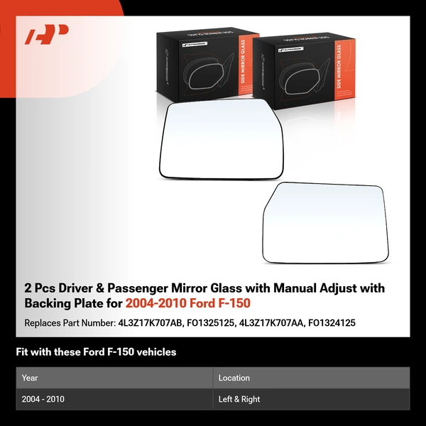 2 Pcs Driver & Passenger Mirror Glass with Manual Adjust with Backing Plate for 2004-2010 Ford F-150