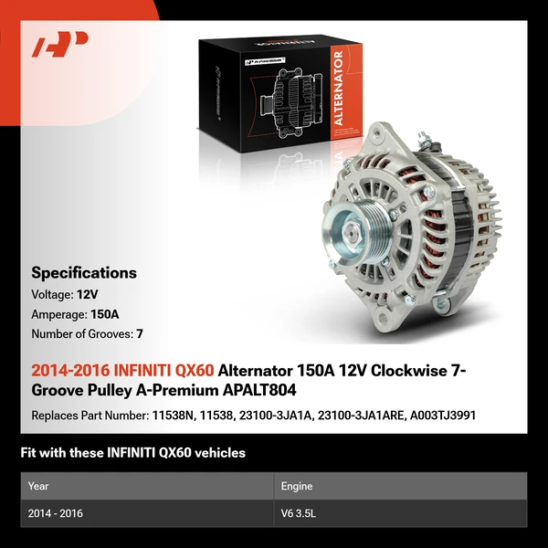 2014-2016 INFINITI QX60 Alternator 150A 12V Clockwise 7-Groove Pulley A-Premium APALT804