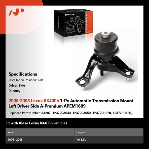 2006-2008 Lexus RX400h 1-Pc Automatic Transmission Mount Left Driver Side A-Premium APEM1689