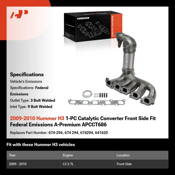 2009-2010 Hummer H3 1-PC Catalytic Converter Front Side Fit Federal Emissions A-Premium APCCT686