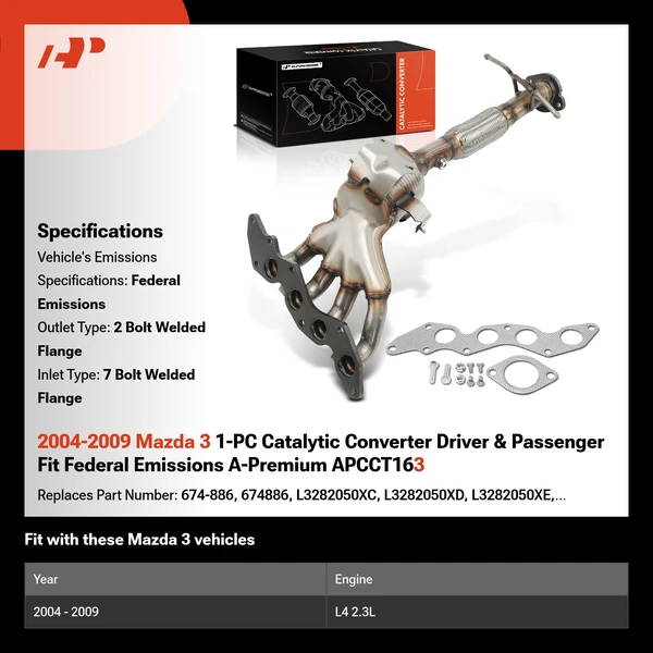 2004-2009 Mazda 3 1-PC Catalytic Converter Driver & Passenger Fit Federal Emissions A-Premium APCCT163