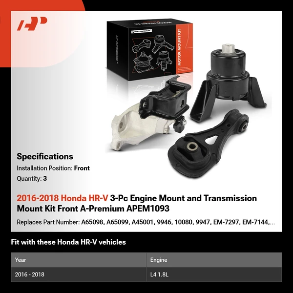 2016-2018 Honda HR-V 3-Pc Engine Mount and Transmission Mount Kit Front A-Premium APEM1093