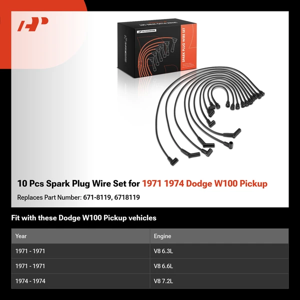10 Pcs Spark Plug Wire Set for 1971 1974 Dodge W100 Pickup