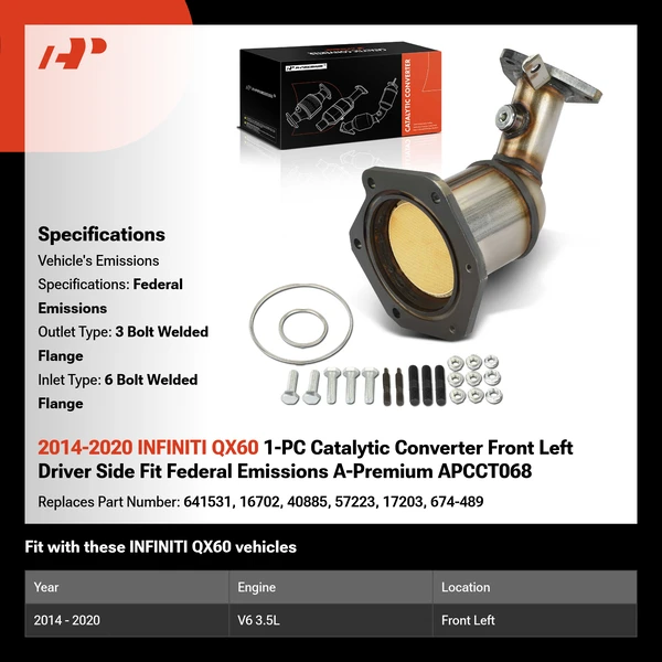 2014-2020 INFINITI QX60 1-PC Catalytic Converter Front Left Driver Side Fit Federal Emissions A-Premium APCCT068