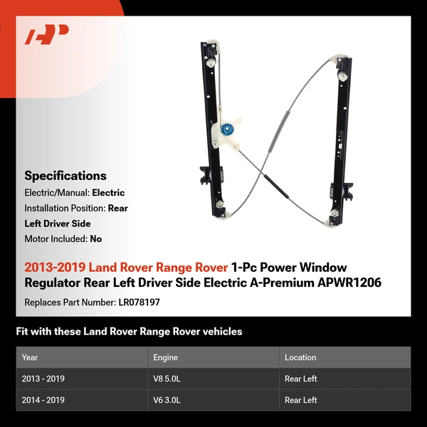 2013-2019 Land Rover Range Rover 1-Pc Power Window Regulator Rear Left Driver Side Electric A-Premium APWR1206